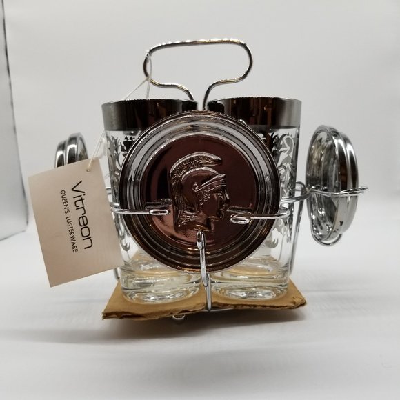 Vintage MCM Queen's Lusterware by Vitreon Guardian Crest Glass Tumbler & Coaster - Picture 1 of 5